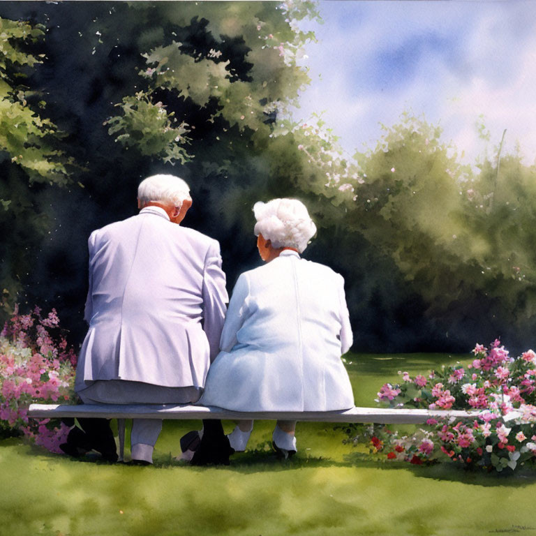 Elderly couple on park bench in serene garden setting