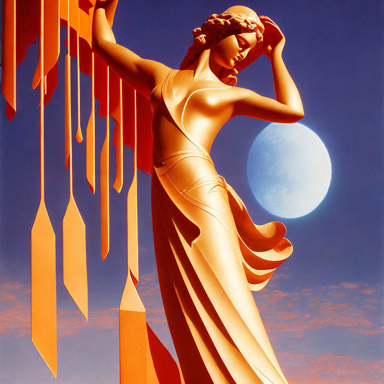 Golden statue-like woman in Art Deco style against moonlit sky