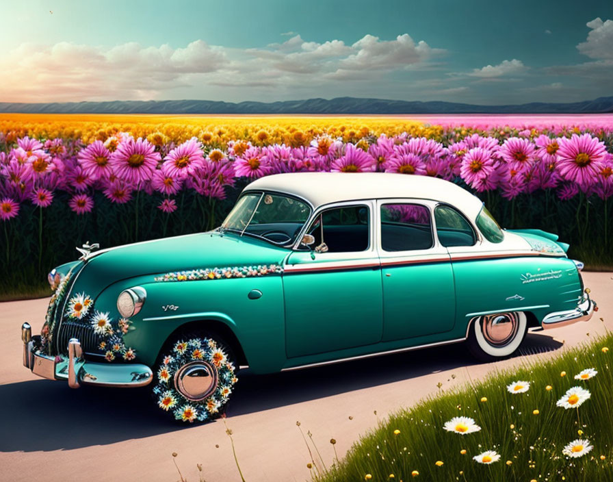 Vintage turquoise and white car in pink flower field under pastel sky