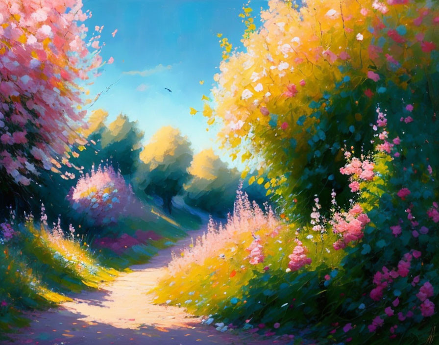 Colorful Blooming Flowers in Sunlit Garden Painting