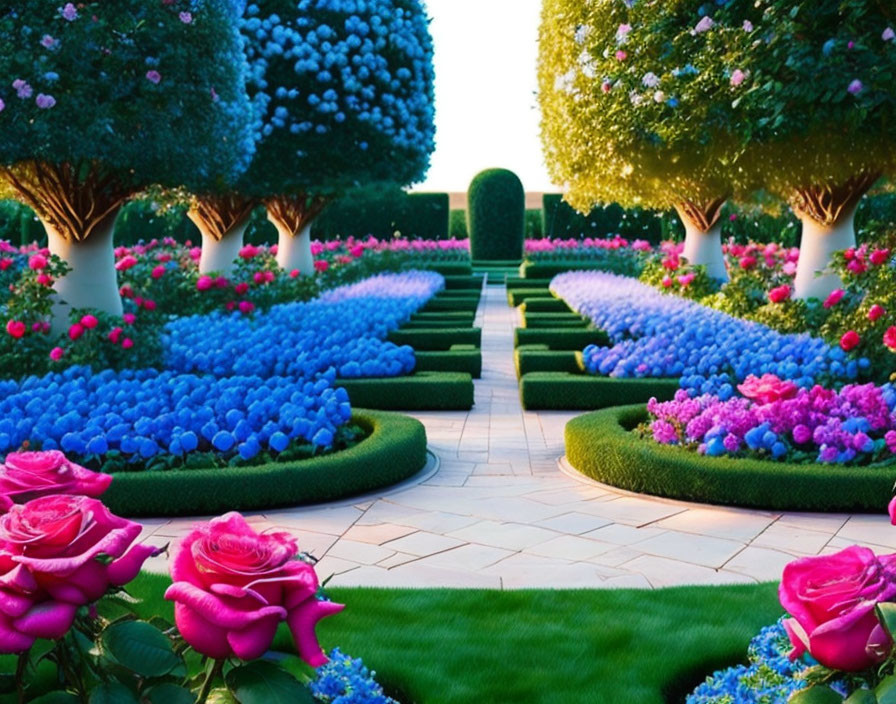 Symmetrical garden with stone pathway, trimmed hedges, blue and pink flowers at dusk