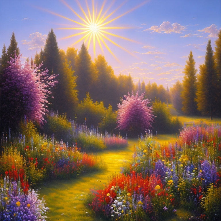 Colorful Sunlit Meadow Painting with Blooming Flowers and Lush Trees