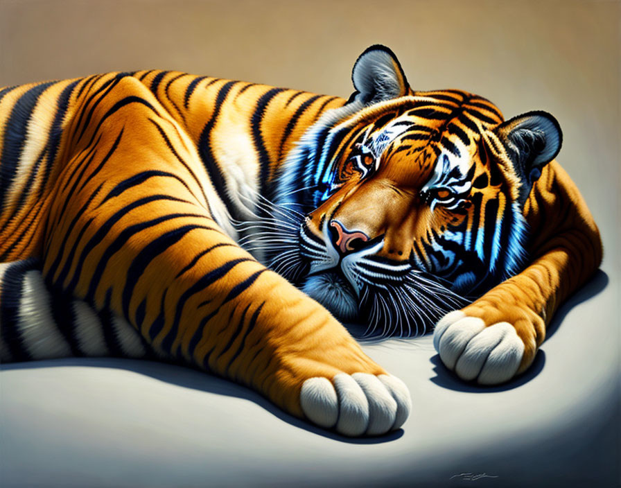 Realistic painting of orange tiger with black stripes lounging and gazing forward