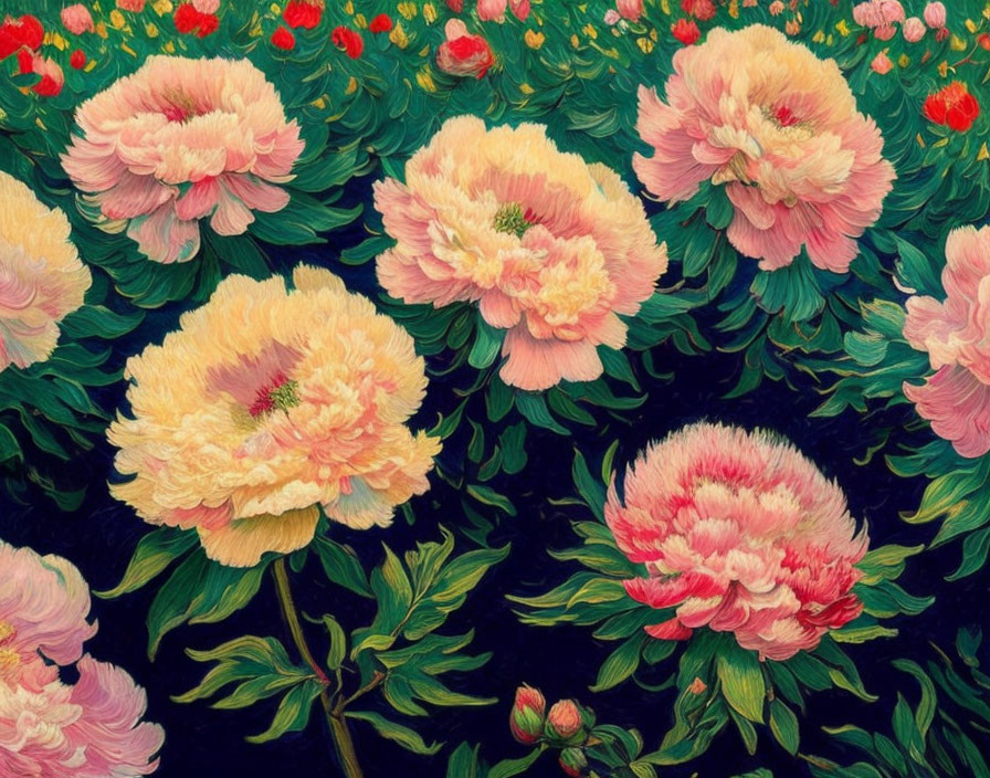 Colorful Peony Painting with Pink and Yellow Blooms on Dark Green Background