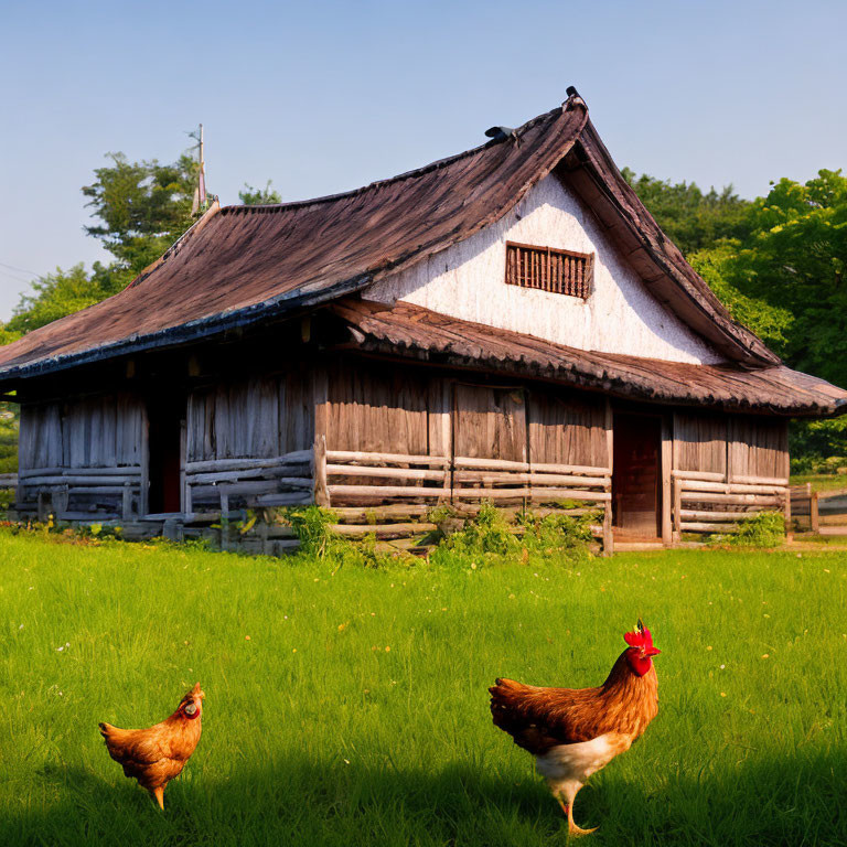 Traditional Wooden House with Thatched Roof, Crow, and Chickens in Greenery