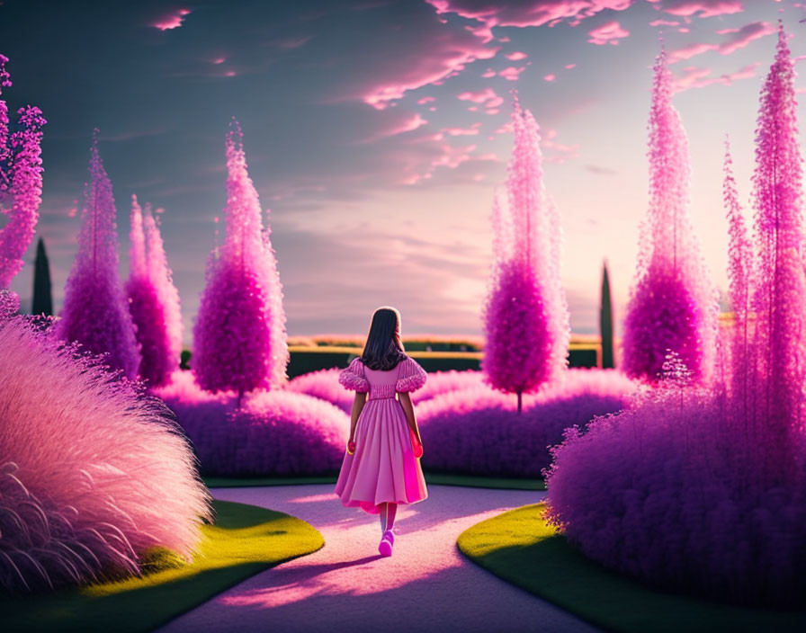 Girl in Pink Dress Walking Through Vibrant Garden with Tall Purple Flowers