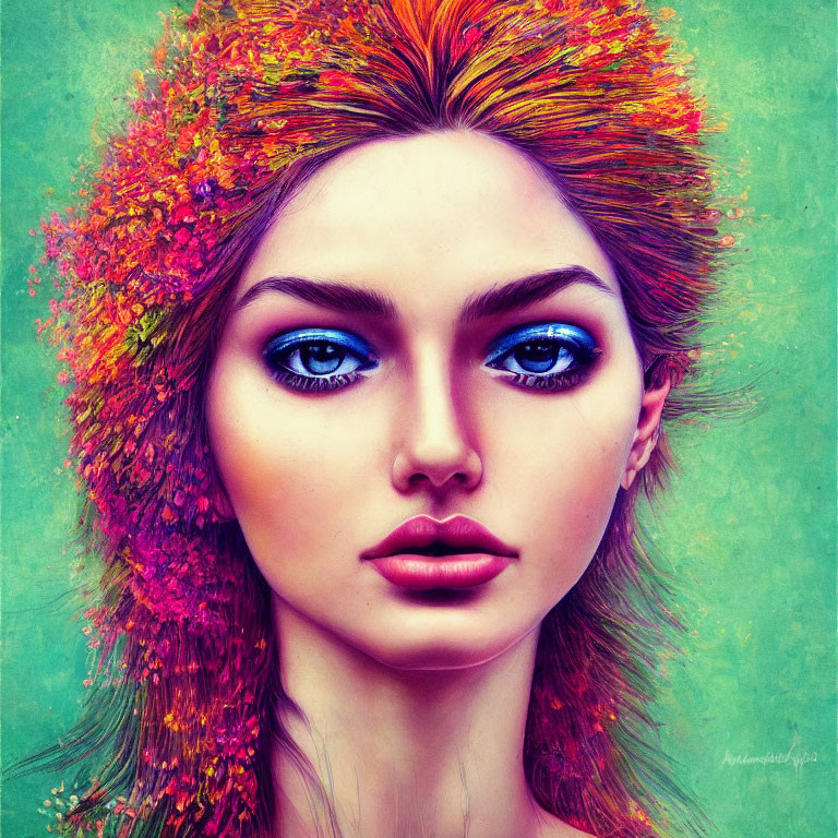 Colorful digital portrait of a woman with blue eyes and floral hair on turquoise backdrop