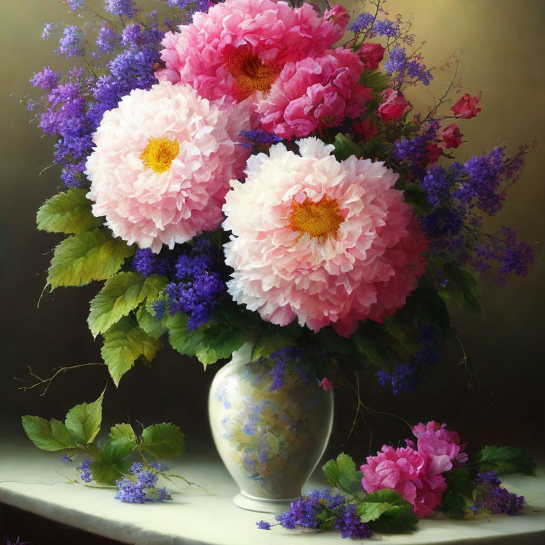 Colorful still life painting: pink peonies, purple flowers in vase