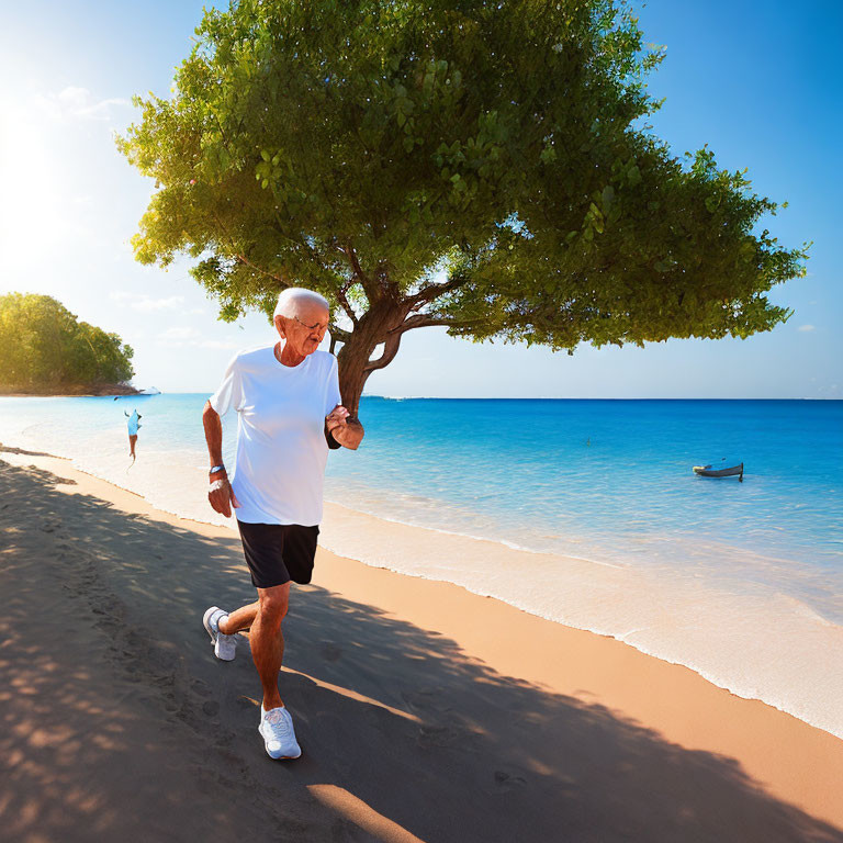 Elderly man jogging on sandy beach with tree, boat, and clear blue sky