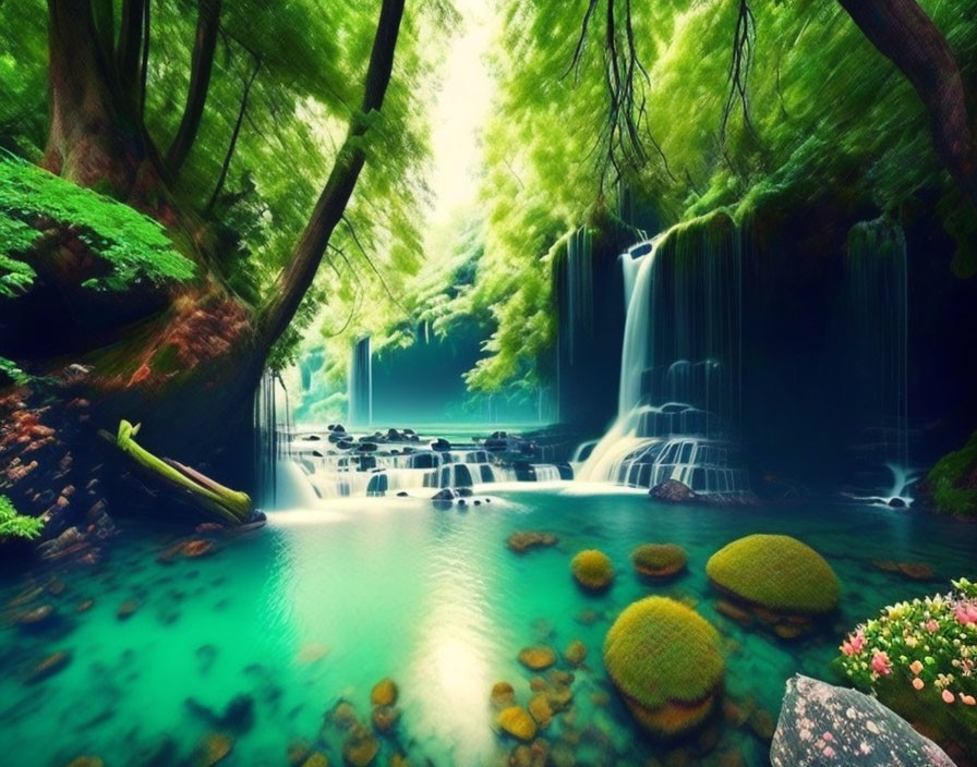 Tranquil waterfall in lush green forest with turquoise pond