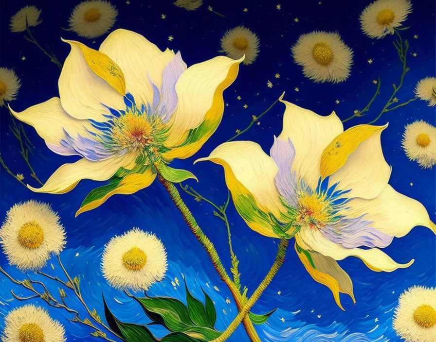 Vibrant yellow flowers on starry night sky with white dandelions