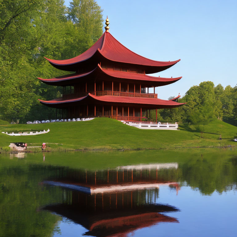 Traditional multi-tiered pagoda by tranquil lake with trees, clear blue sky