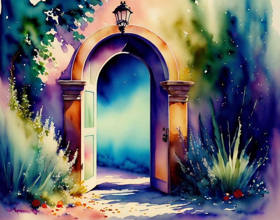 Colorful Watercolor Painting of Garden Gate and Lantern