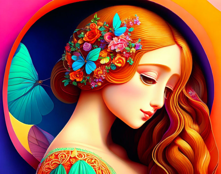 Colorful digital artwork of woman with flowers and butterflies on multicolored background