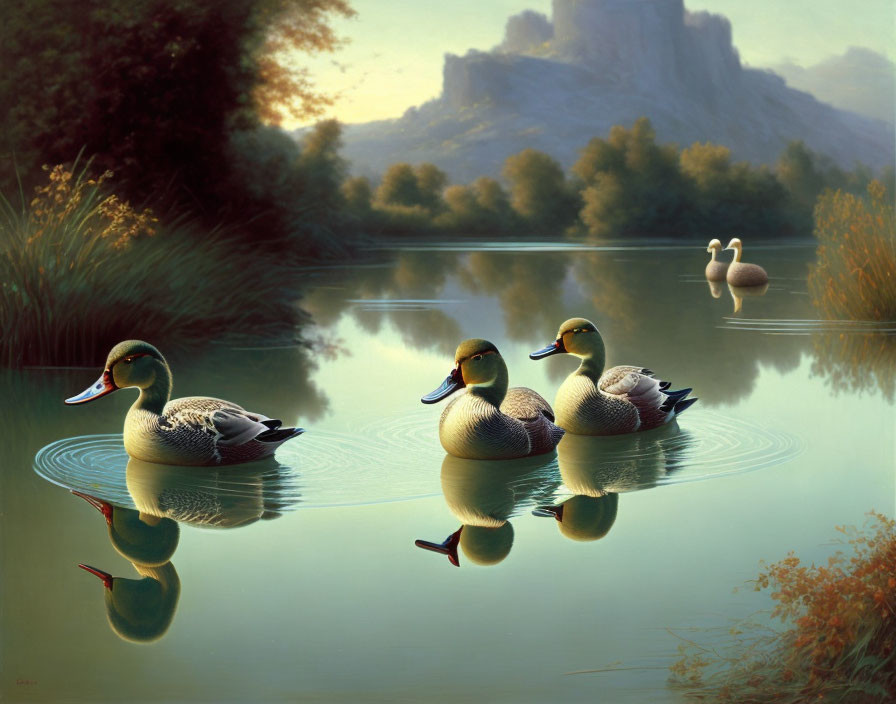 Tranquil lake scene with ducks, lush greenery, and mountains