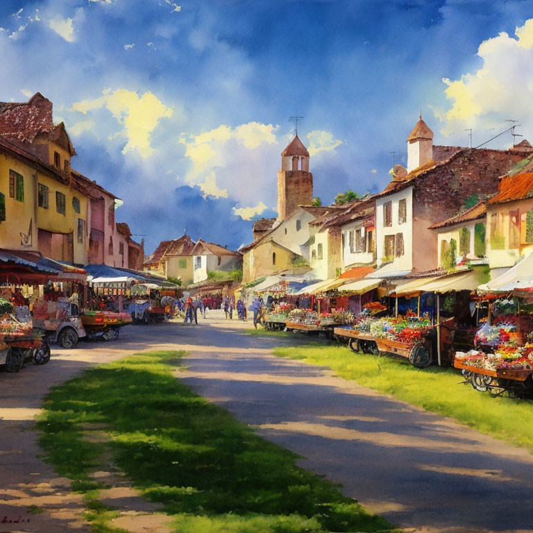 Colorful Watercolor Painting of Bustling Street Market in Historic Village