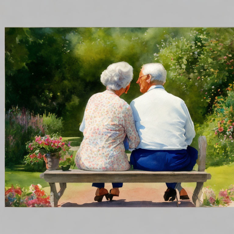 Elderly couple on garden bench surrounded by lush greenery