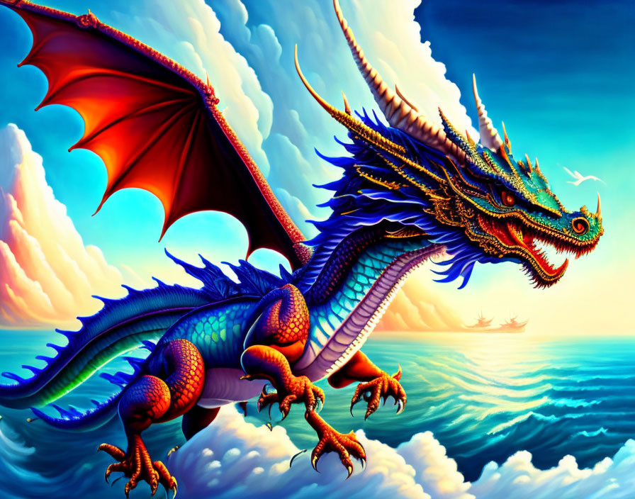 Colorful Blue Dragon Flying Over Ocean with Ship and Clouds