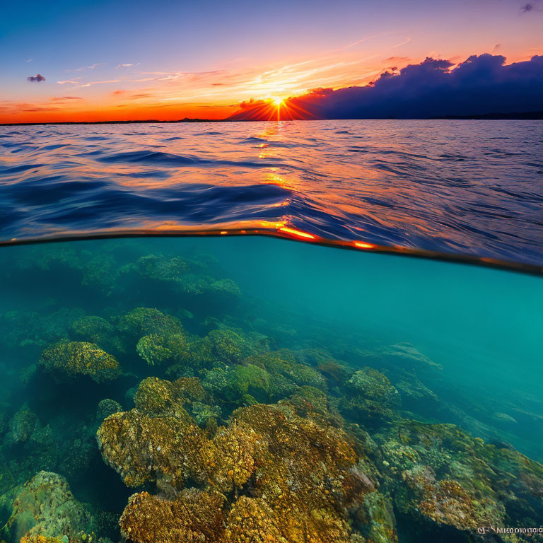 Vibrant sunset over ocean with coral reef in split view