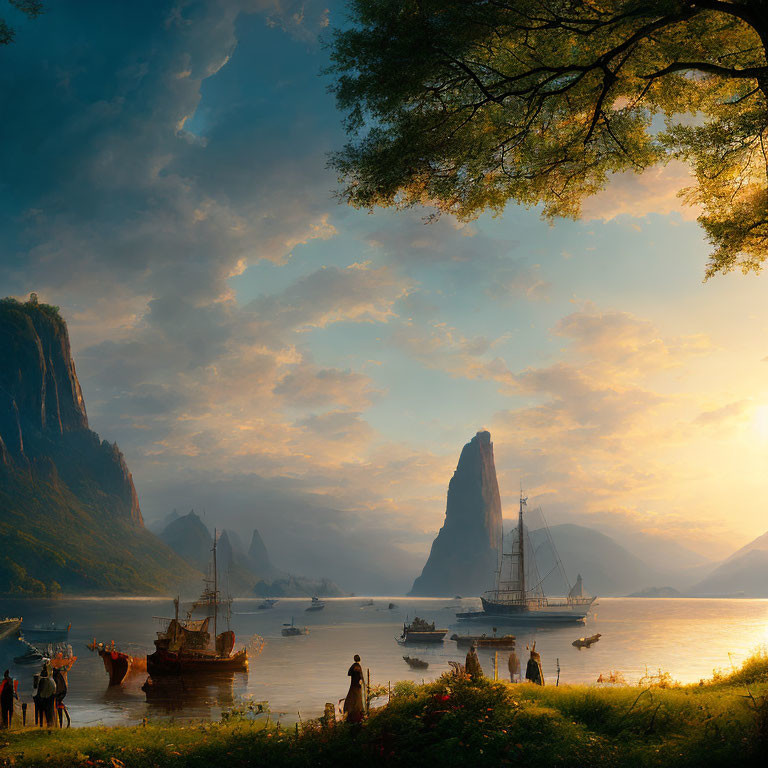 Tranquil riverside landscape with cliffs, sailing ships, and people at sunset.