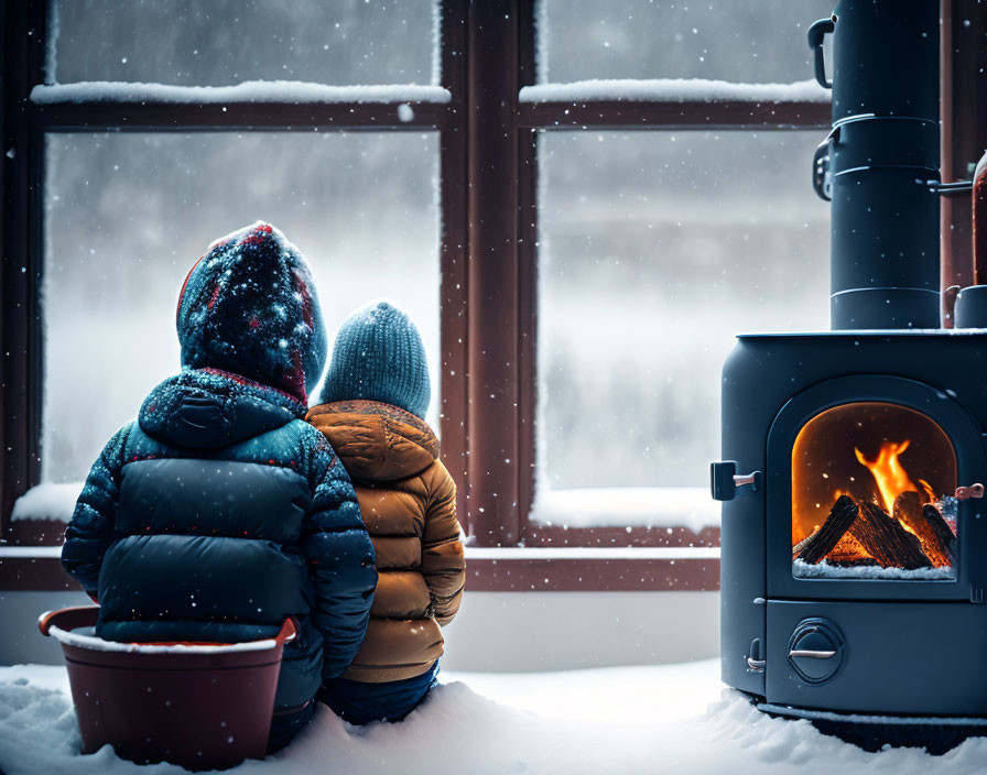 Two people in winter attire near wood stove, observing snowy scene.