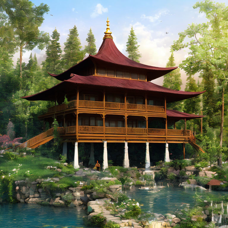 Multi-tiered pagoda in serene river setting with lush greenery and person by water