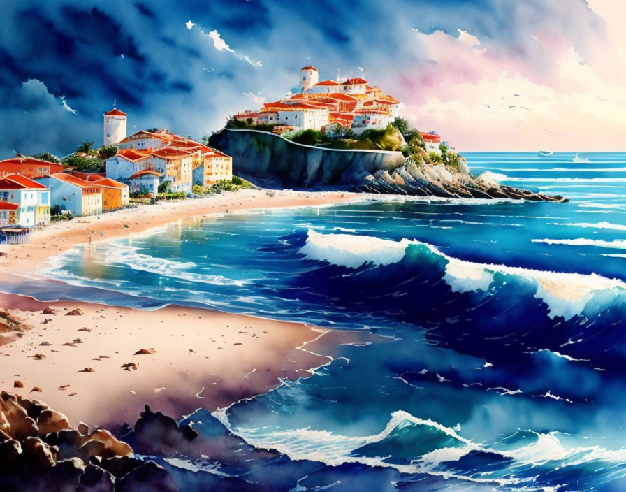 Vibrant coastal town digital painting with cliff houses and blue waves