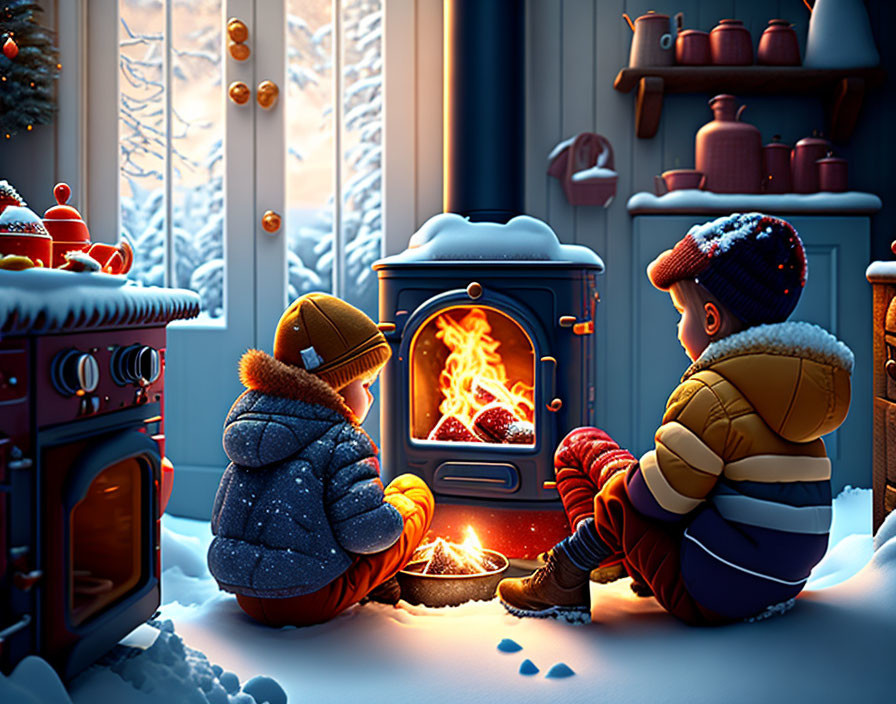 Children in winter clothing by wood stove with snowy scene through window