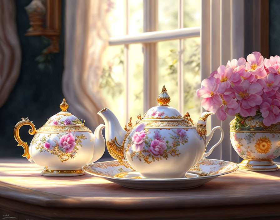 Floral-patterned tea set in sunlight by window with pink hydrangeas