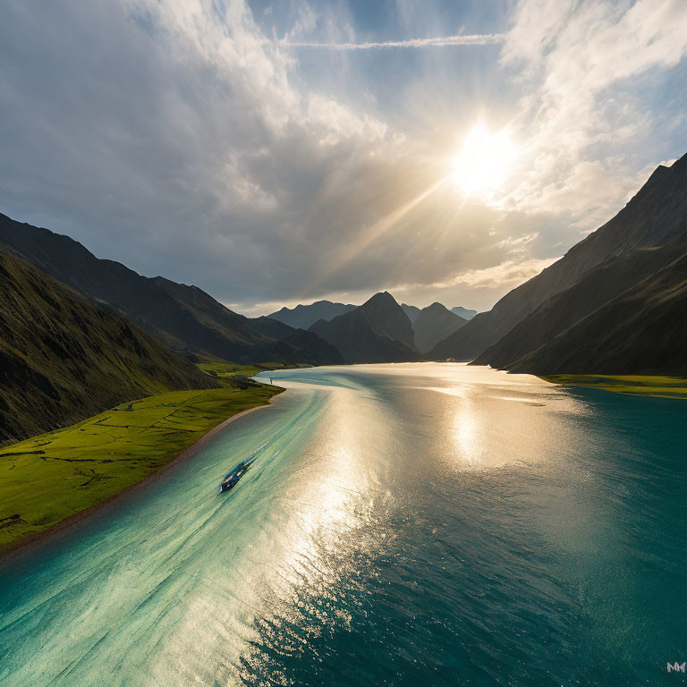 Serene mountainous lake at sunset with boat trail and dramatic sky