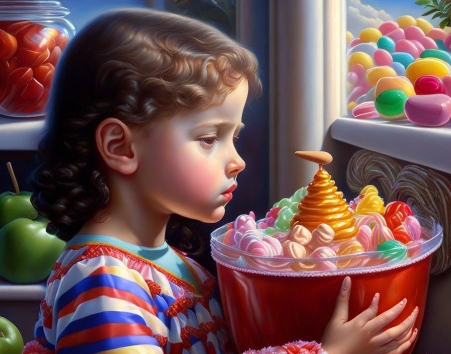 Child admiring bowl of colorful candies near window with fruits and gumballs.