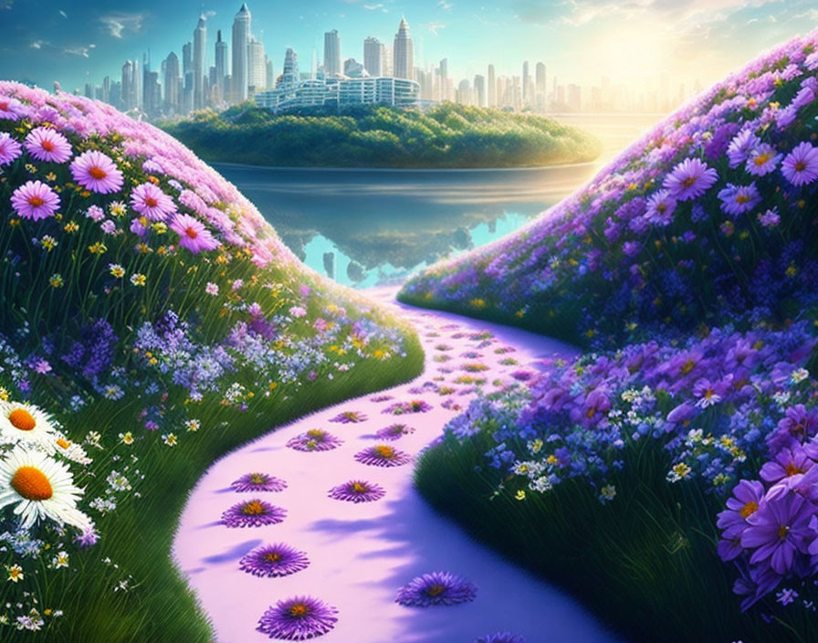 Colorful fantasy landscape with flower-covered hills, purple river, and distant city skyline