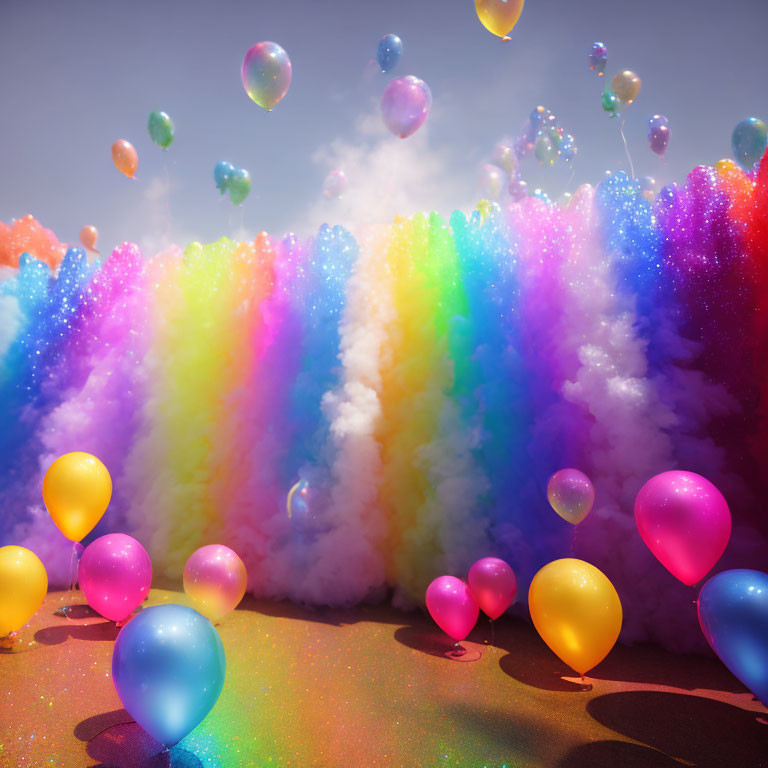 Colorful Rainbow, Balloons, and Bubbles in Sunny Sky