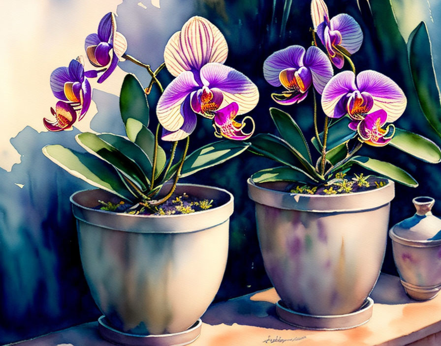 Purple Orchids Watercolor Painting with Grey Pots and Vase on Ledge