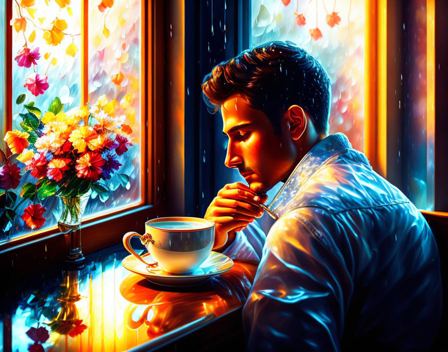 Colorful illustration: Man drinking coffee by raindrop window with flowers