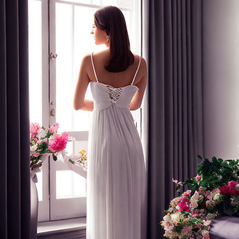 Woman in White Dress Standing by Window with Flowers in Serene Setting