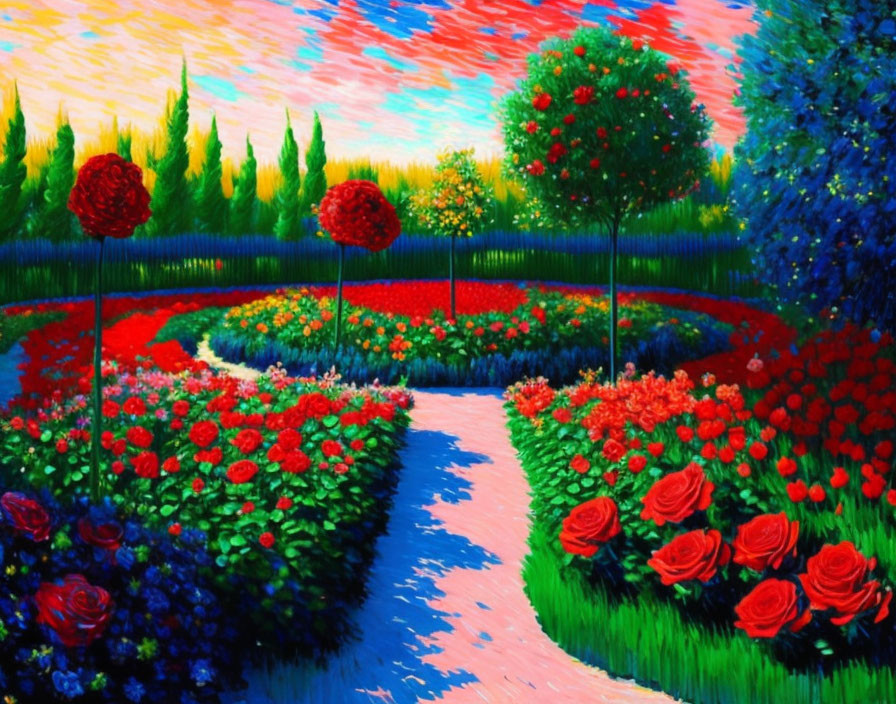 Colorful garden painting with winding pathways and lush flower beds