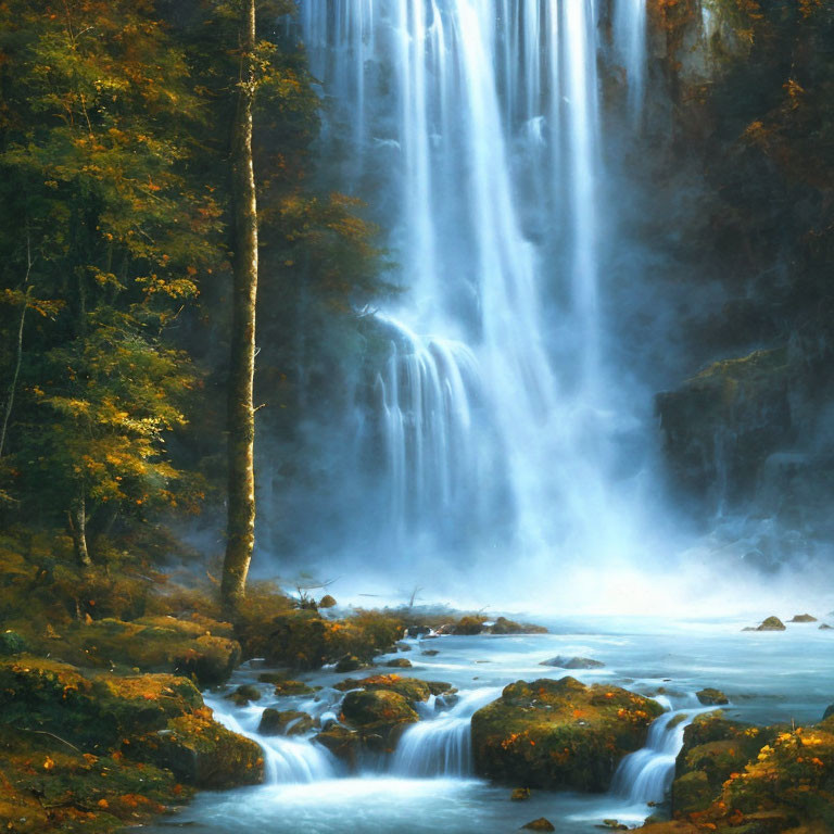 Tranquil waterfall in autumn setting with mist and blue pools