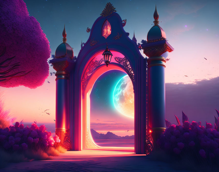 Fantastical portal with gold-trimmed pillars in twilight sky above mountain landscape