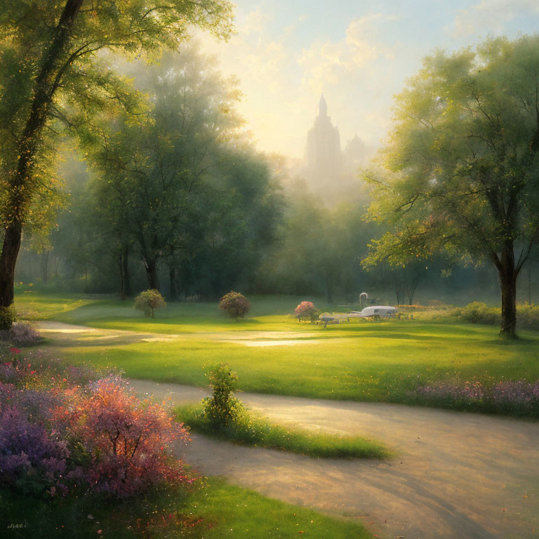 Tranquil Sunset Park with Sunbeams, Path, Shrubs, and Misty Building