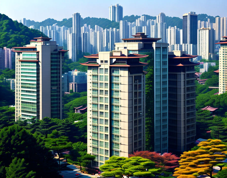 Urban architecture meets lush greenery in high-rise cityscape.