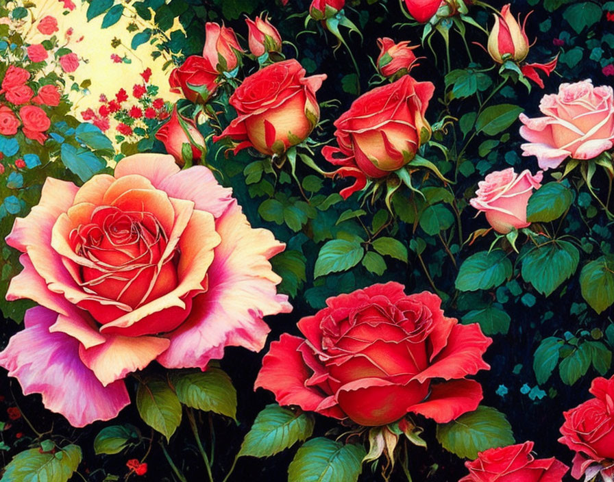 Colorful Roses and Green Leaves on Dark Background with Sunlight Hints