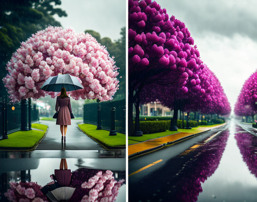 Person with umbrella surrounded by oversized pink flowers on wet path