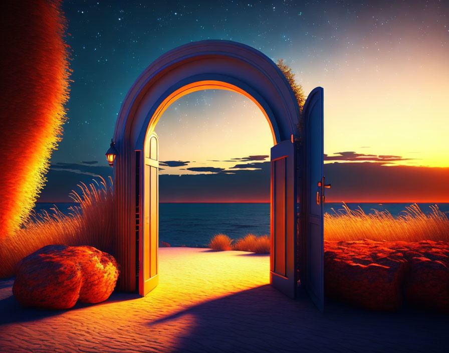 Sunset beach scene with open door, sea view, and starry sky.