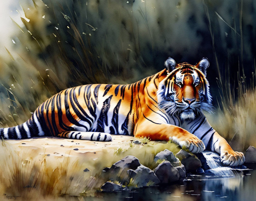 Tiger in Grass Watercolor Painting on Rocky Surface