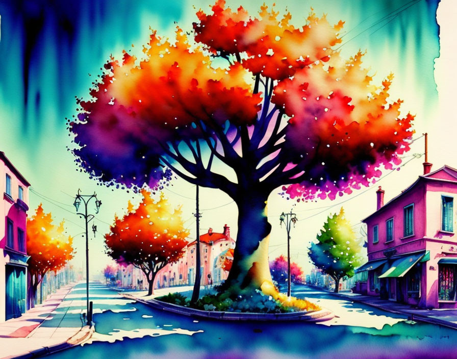 Colorful Watercolor Painting of Tree with Multicolored Foliage