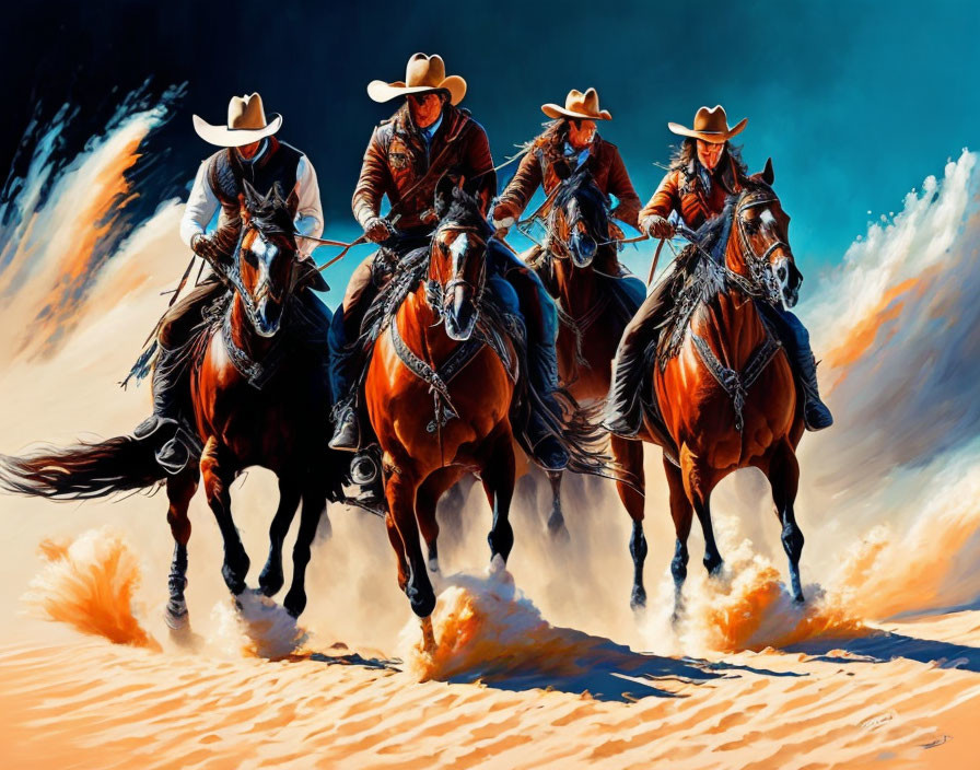 Four cowboys on horseback riding through dust cloud under dramatic sky