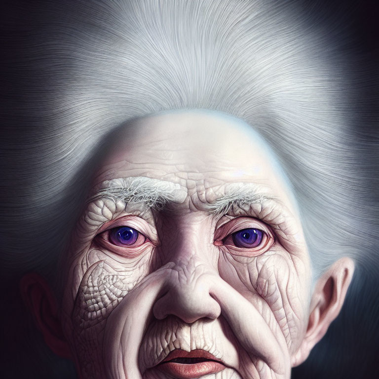 Detailed illustration of elderly person with wrinkles, blue eyes, and white hair.