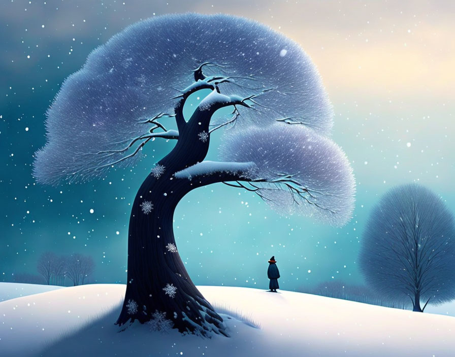 Serene winter night scene with person under snow-covered tree