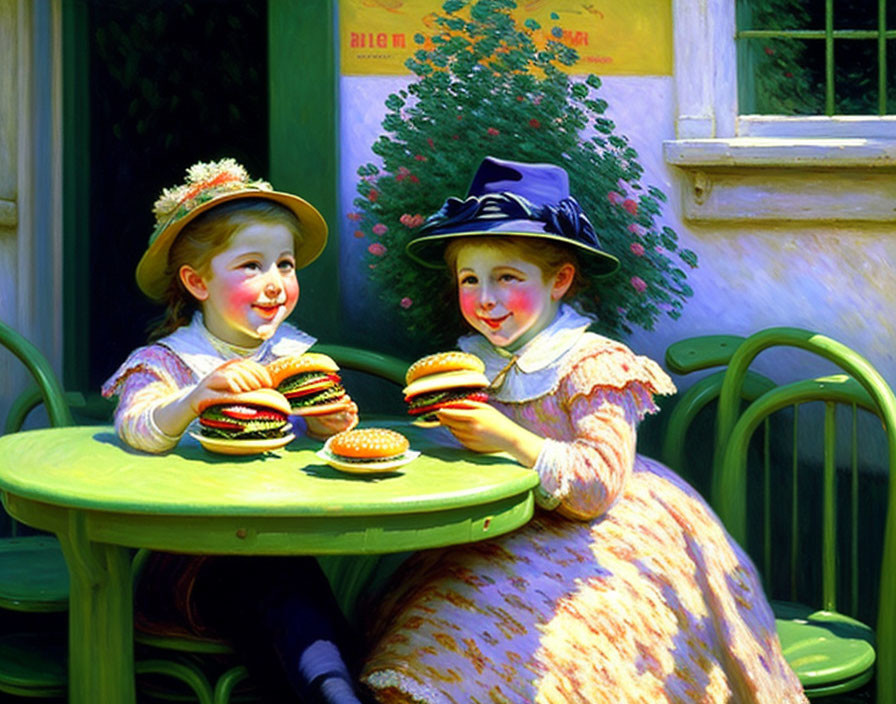 Vintage-dressed children with hamburgers at green outdoor table